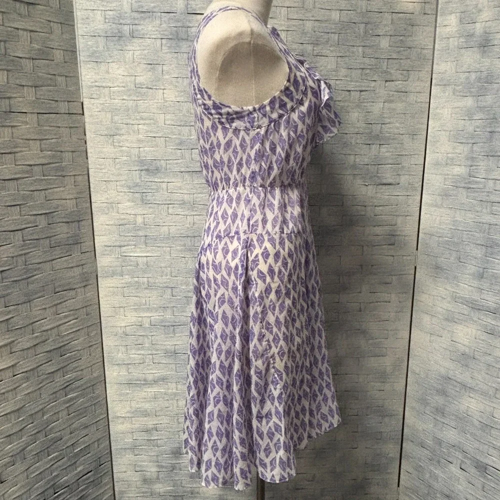 Meadow Rue A-Line Dress Womens 4 Sleeveless Ruffle Neck Purple Diamond Print - Picture 3 of 6